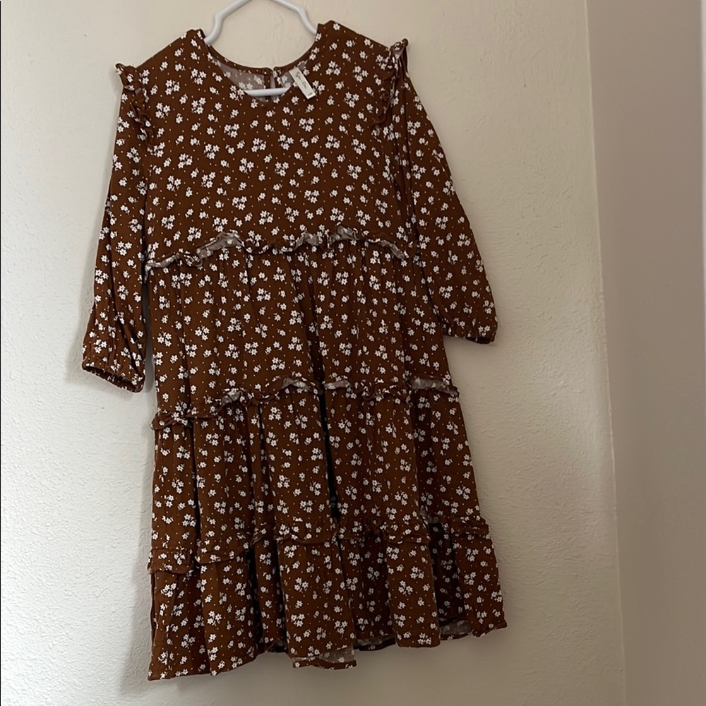 Rylee + Cru Brown and White Puff Sleeve Sundress